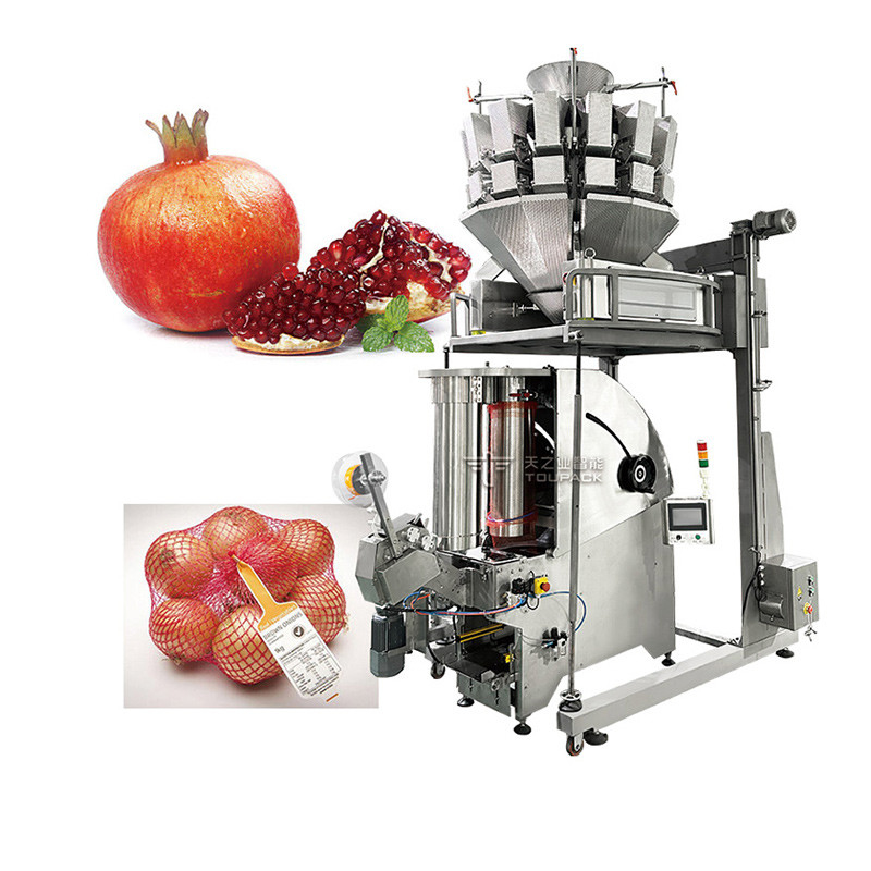 10 Kepala Multihead weigher Potato Onion Mesh Bag Packing Machine With Label Tag Fruit Combination Weigher Line Produksi