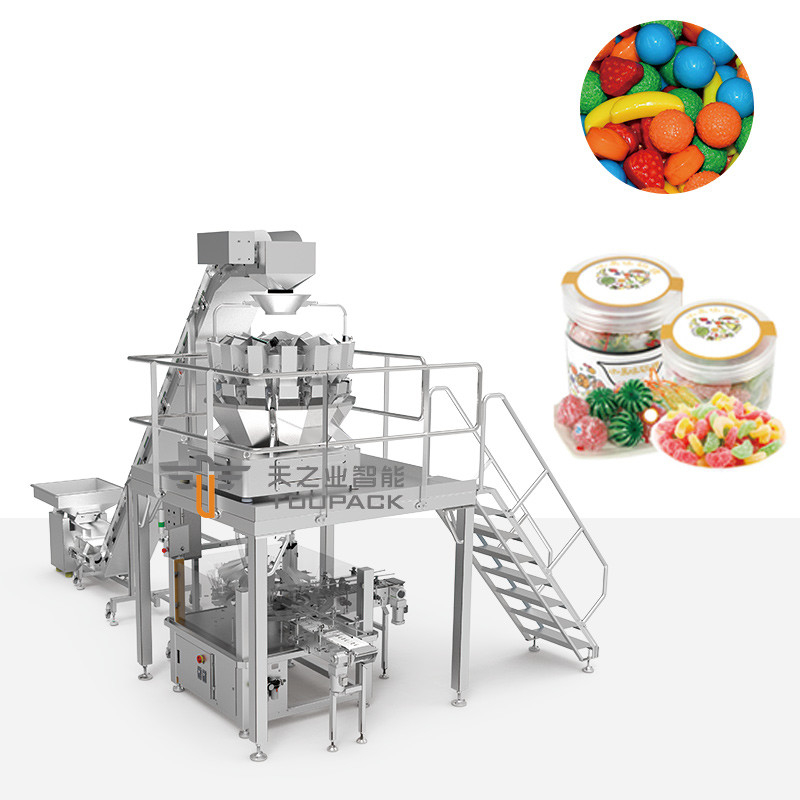 Pengemasan Otomatis Hard Candy Gummy Sugar Bottle Plastik Jar Pengisian Capping dan Packing Machine