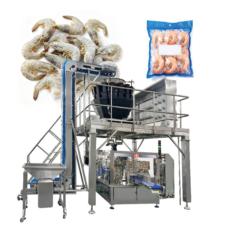 Food Grade Automatic Vacuum Frozen Food Pouch Packing Machine Shrimp Squid Rings Bag Multihead Weigher Filling Packing Machine