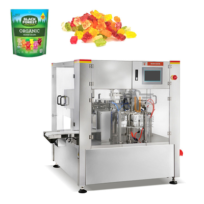 PLC Mesin Pengemasan Kantong Pra-dibuat Permen Lembut Gummy Beruang Gula Kantong Zipper Rotary Doypack Packing Machinery
