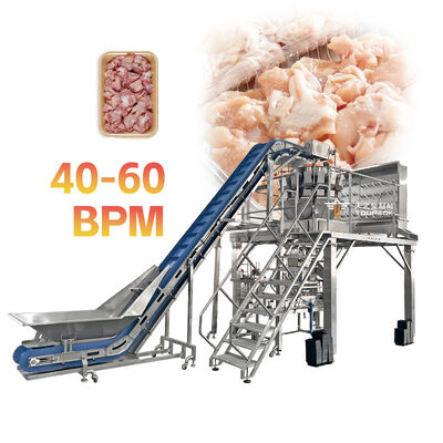 High-Speed Automatic Meat Tray Packing Line with Screw Feed Multihead Weigher for Sticky and Fresh Proteins
